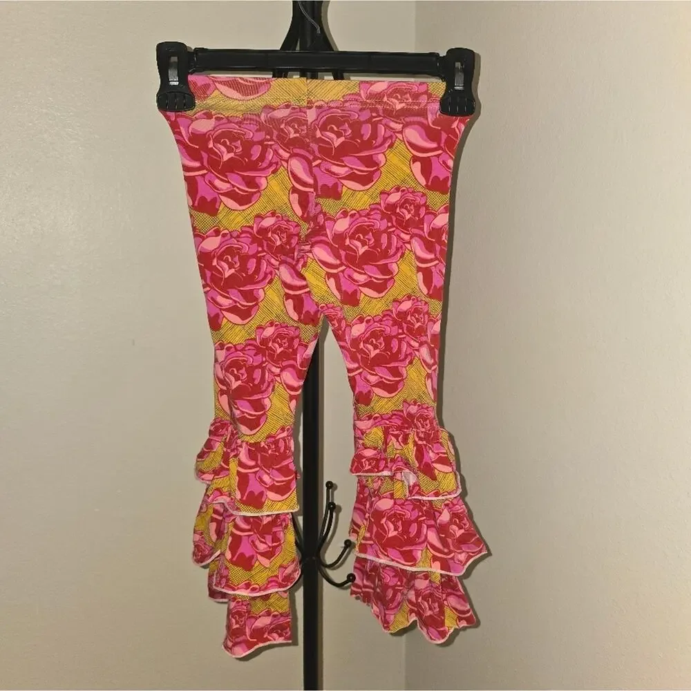 Matilda Jane Pink Yellow Floral Ruffle Bottom Leggings Girl's Size 6